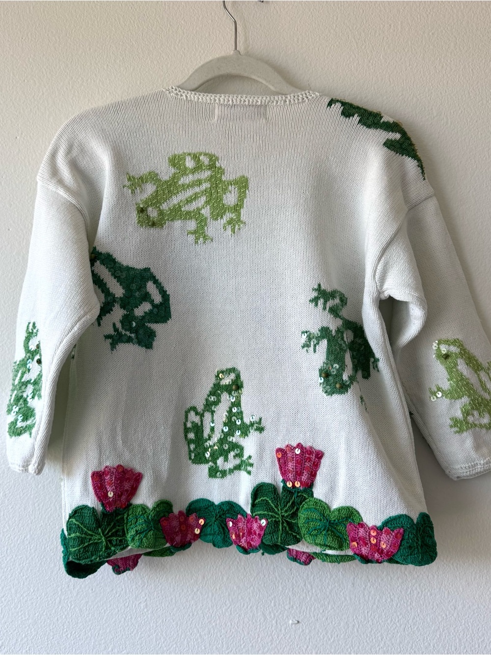 Vintage Janes Closet Frog Lily Pad Sequin Cardigan Sweater Art to Wear - Picture 12 of 12